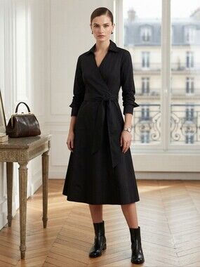 metrostyle Black Long-Sleeve Wrap Dress with Tie Waist and Collar